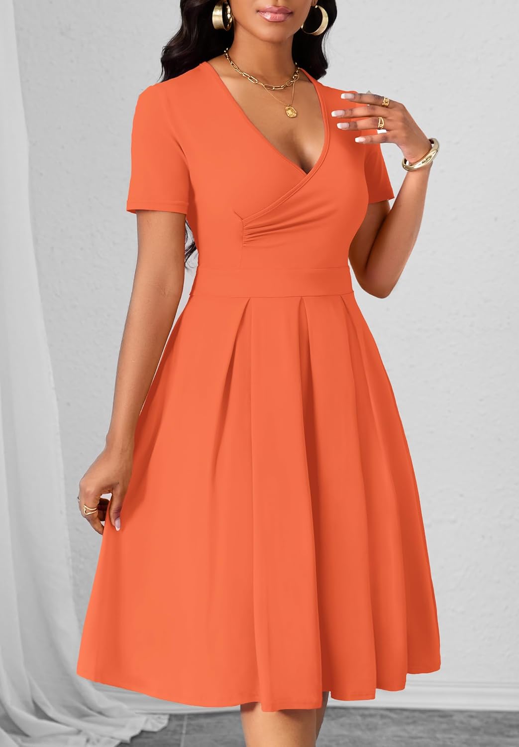 MarryUP Women's Casual Wrap Dress Wedding Guest Dresses with Pockets Short Sleeve A-Line Swing V-Neck Pleated Dresses