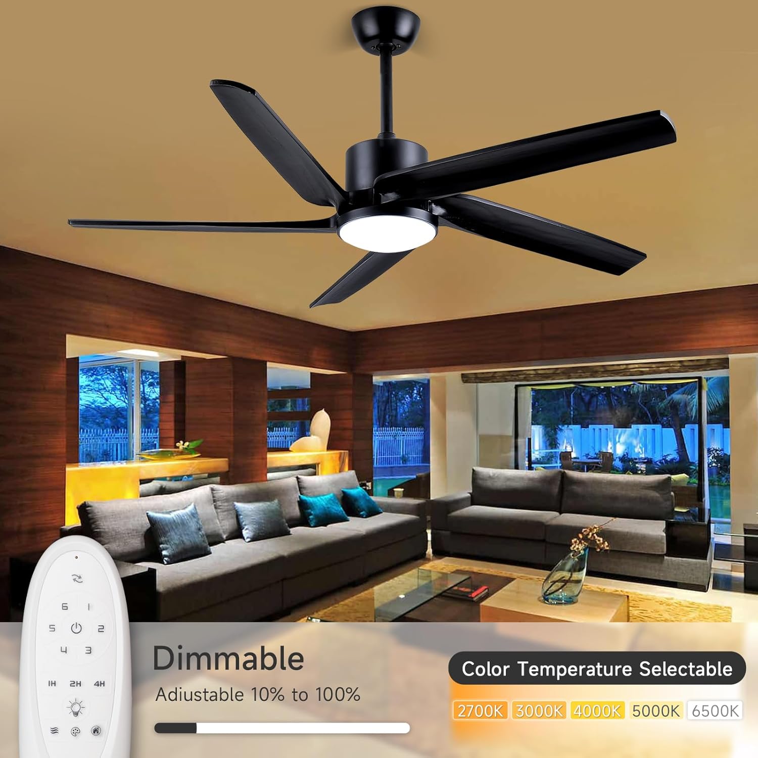52 Inch Outdoor Modern Black Ceiling Fan with lights for Patio Waterproof 5 Blades Large Airflow Solid Wood Ceiling Fans with Timing Function for Exterior Indoor Porch Gazebo,Quiet Reversible DC Motor