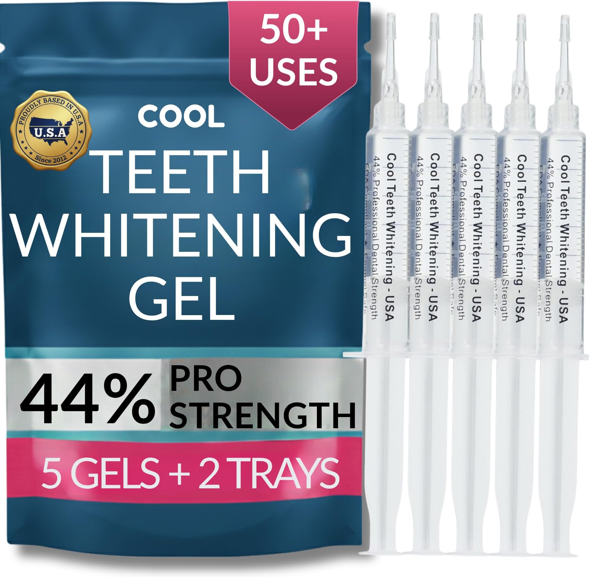 Cool Teeth Whitening 5 x 5cc Tubes (25 Applications) and DIY Trays Included Fast Carbamide Peroxide Whitener Tooth Bleaching Gel Syringes At Home Use Refills Professional Dentist Grade, Enamel Safe