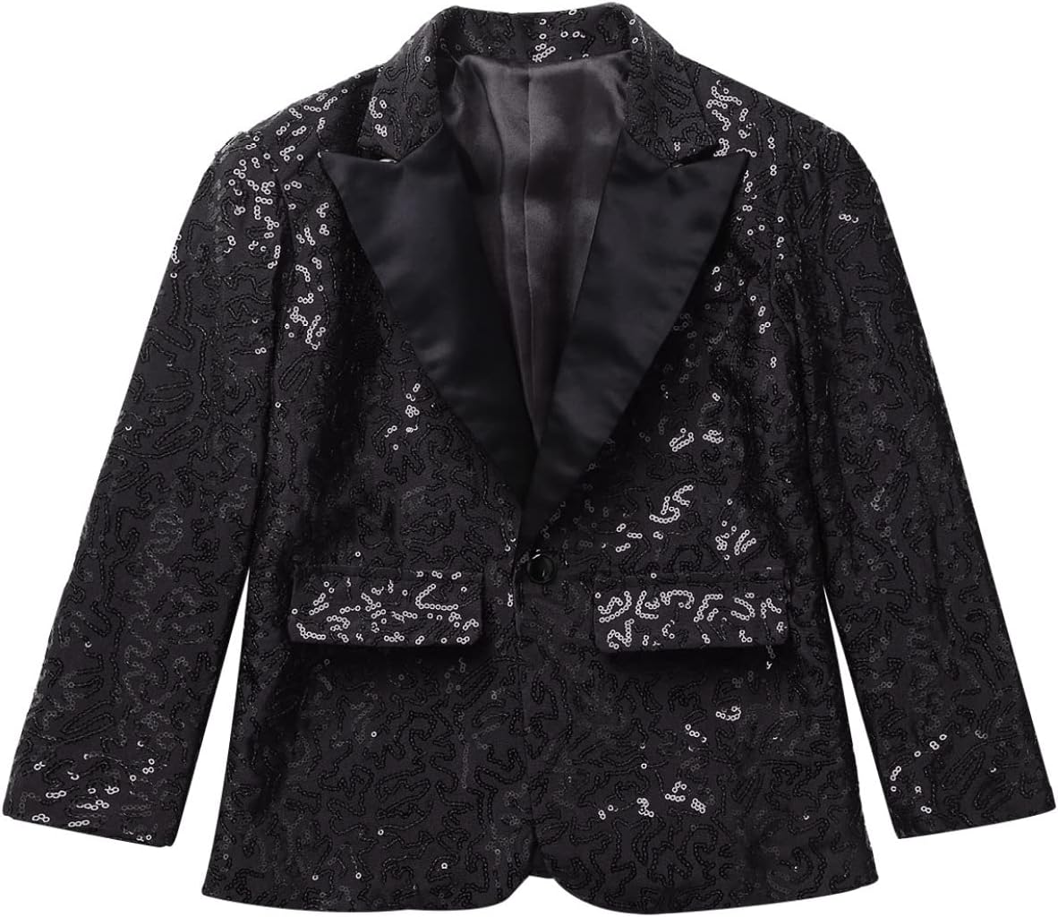 Jelory Kids Boys Shiny Sequins Lapel Suit Jacket One Button Formal Tuxedo Blazer for Prom Wedding Dinner Party