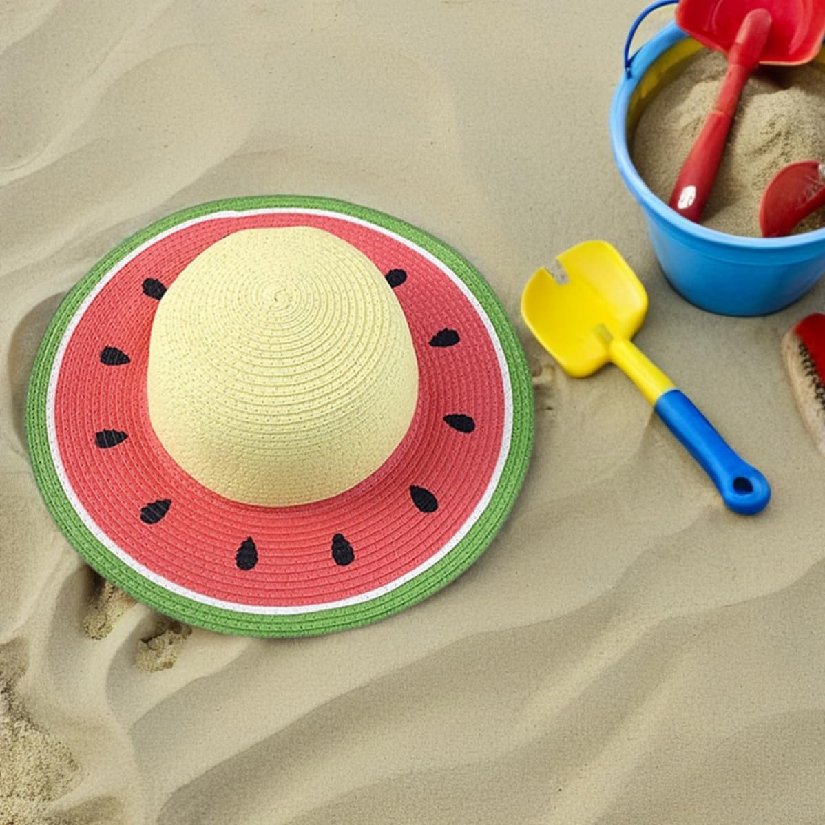 Holibanna Straw Hat with Whimsical Fruit Pattern, Wide Brim Paper Grass Sun Hat, Packable UV Protection Cap for Summer Beach Trips and Outdoor Activities Watermelon Red