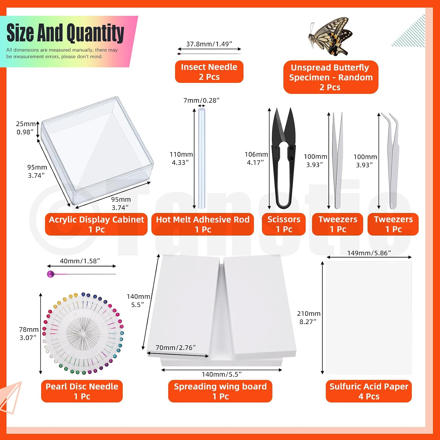 Tanstic Insect Specimen Tools Kit Insect Pins Insect Display Case Wings Pressing Paper Insect Pinning Board Hot Glue Sticks Tweezers Scissors for Bugs Collection