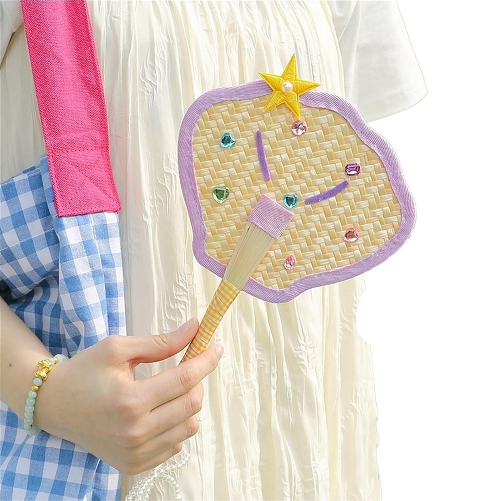 VOPLIVAT Woven Hand Fan, Bamboo Woven Fan Multicolor Handwoven Party Supplies Photo Props Portable Outdoor Decor(Color6)
