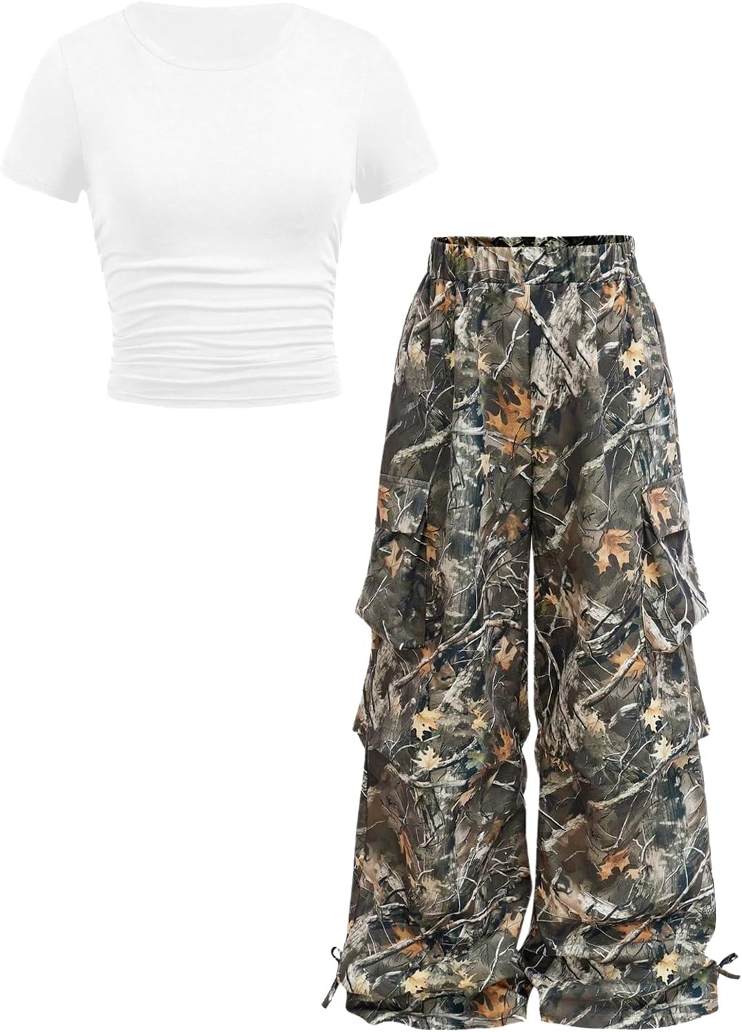 Floerns Girl's 2 Piece Outfit Camo Print Cargo Pants with Ruched Tee Shirts Clothing