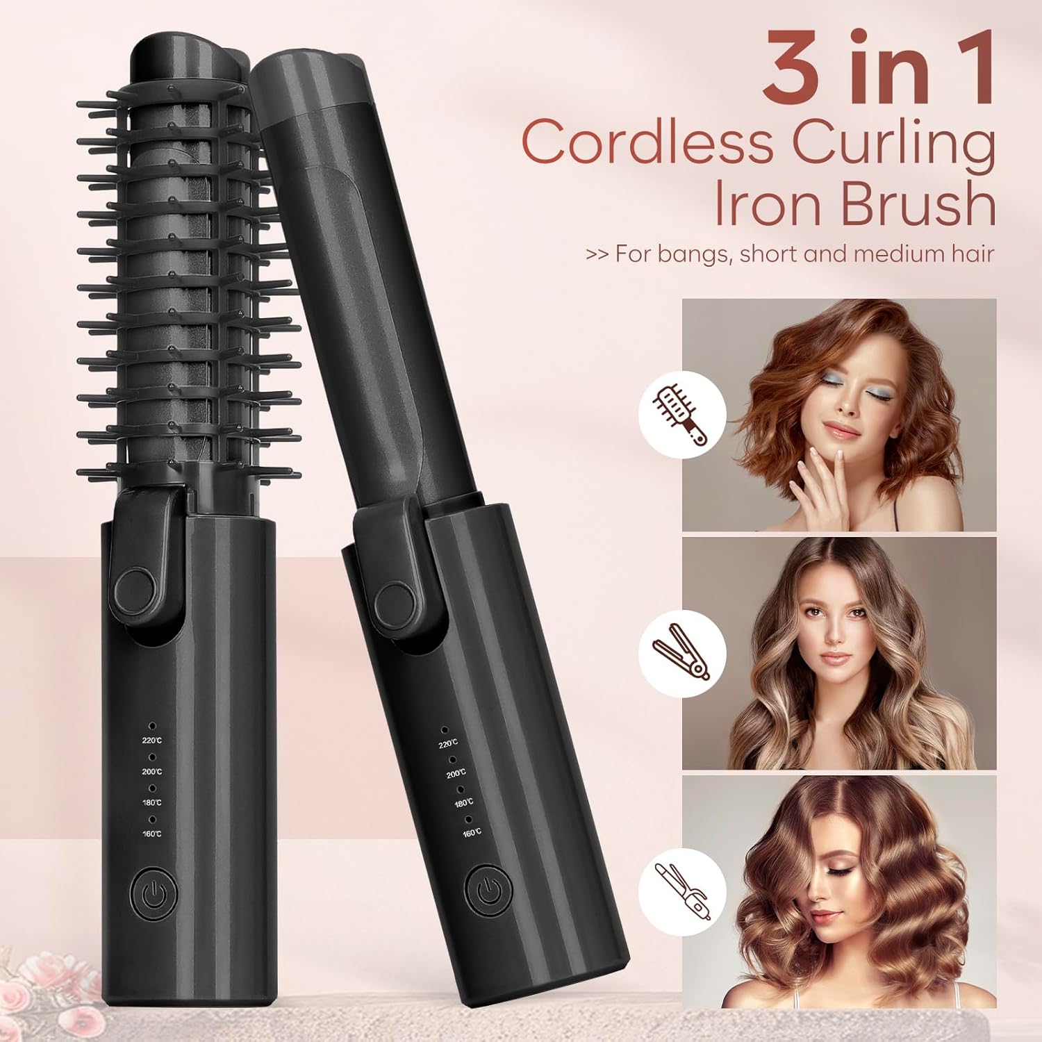 Cordless Curling Iron Brush with 10 Billion Negative Ions-3-in-1 Thermal Brush for Straight, Curly & Voluminous Styles-1.25 Inch Hair Wand for Long & Short Hair, Perfect for Travel (Black)