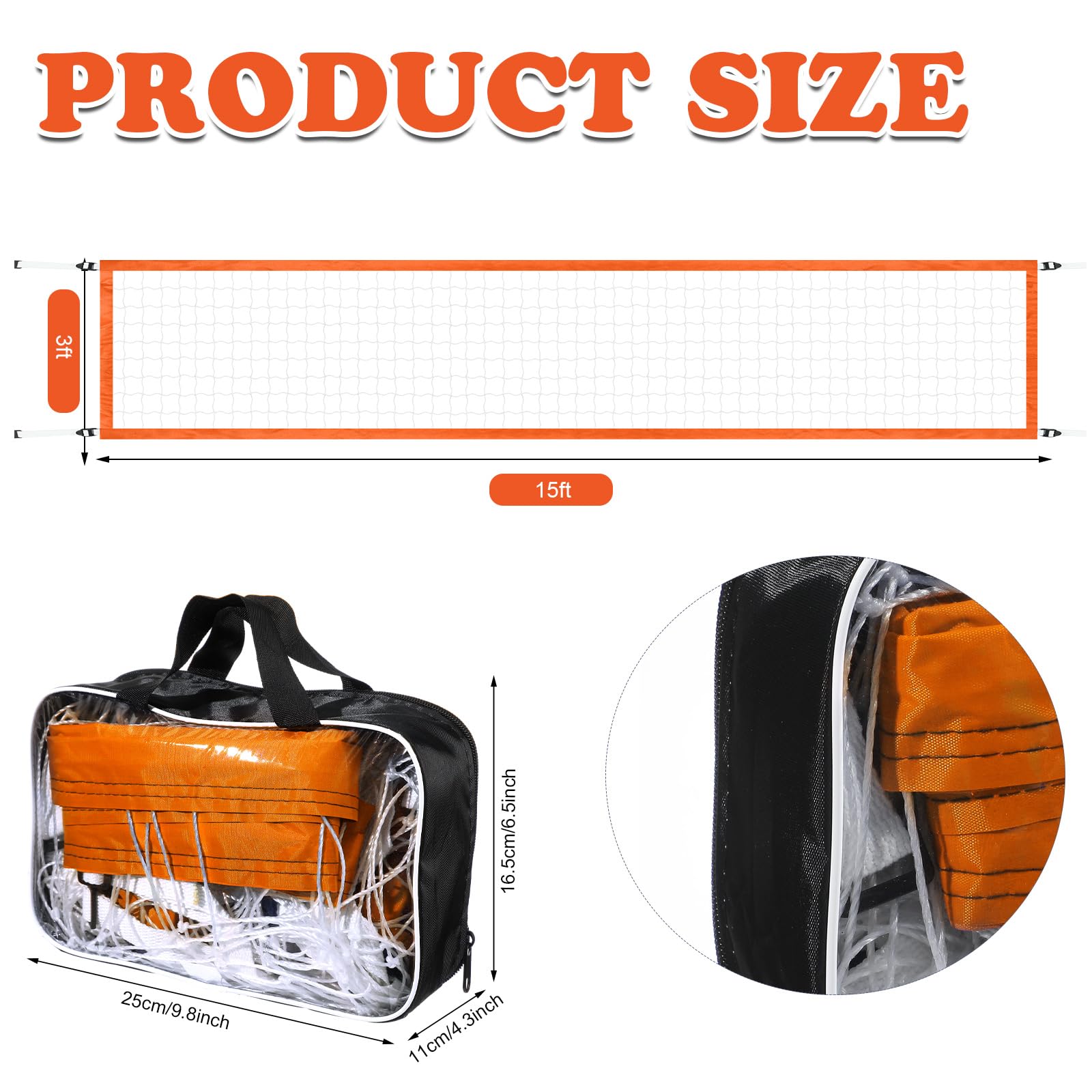 Red de voleibol de repuesto para piscina, 15 x 3 pies, red de voleibol portátil al aire libre para patio, piscina, escuela, playa
