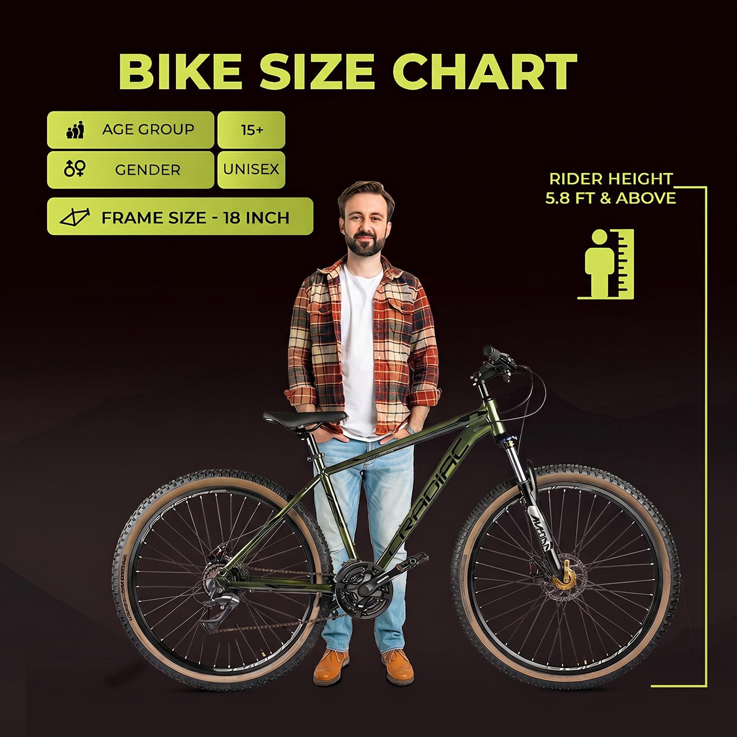 Bike size chart for CRADIAC Alpha PRO GEN 2 showing age group 15+, unisex gender, frame size 18 inch, and rider height 5.8 ft & above