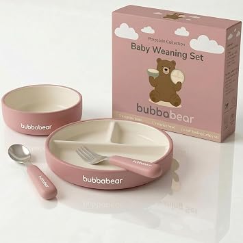 Bubba Bear Baby Porcelain Set for Weaning | Suction Plate, Bowl & Feeding Cutlery for Babies | Toddler Stay Put Food Bowls & Plates Sets | Non Slip Silicone Sleeve for Toddlers & Kids Dusty Pink