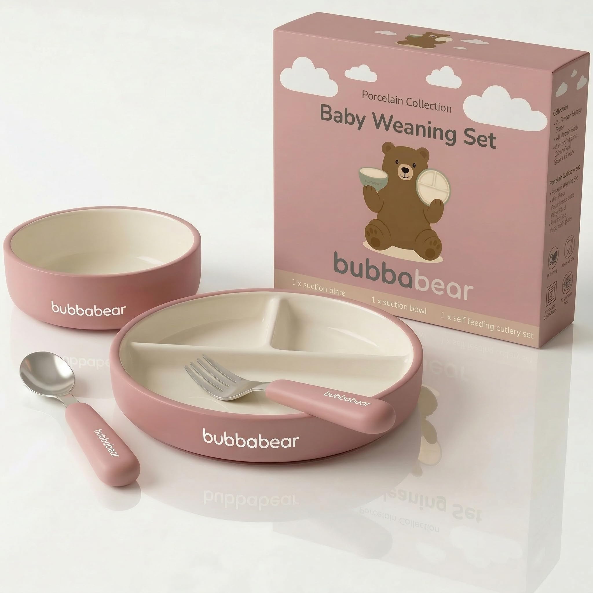 Bubba Bear Baby Porcelain Set for Weaning | Suction Plate, Bowl & Feeding Cutlery for Babies | Toddler Stay Put Food Bowls & Plates Sets | Non Slip Silicone Sleeve for Toddlers & Kids (Dusty Pink)