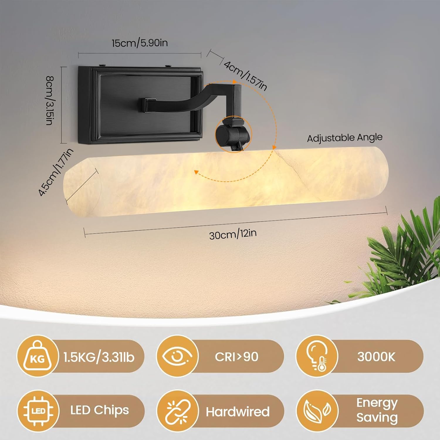 Alabaster Picture Light Hardwired, 12" Matte Black Art Light for Wall & Paintings, Real Spanish Marble Picture Frame Light, Dimmable LED Gallery Lighting, Bathroom Vanity Light Accent for Mirror Use