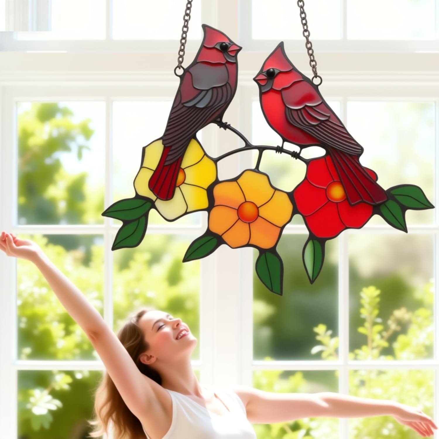 Stained Glass Cardinal Window Suncatcher for Indoor Windows – Handmade Red Cardinals with Flowers Branch Design, Memorial Cardinal Gifts for Women, Bird Lovers, Christmas Decor (H6.3xW7 in)