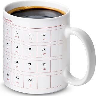 한글 12oz Korean Ceramic Coffee Cup with Stunning Hangul & English Alphabet Pattern - Ideal Mug for Coffee & Language Enthusiasts - Durable - Premium Korean Gift (Square Manuscript)