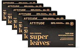 ATTITUDE Bar Soap Body Wash for Men, For Body and Hands, 99% Natural Origin Ingredients with Avocado Oil, EWG Verified, Patchouli & Bourbon, 4 Oz (Pack of 6)