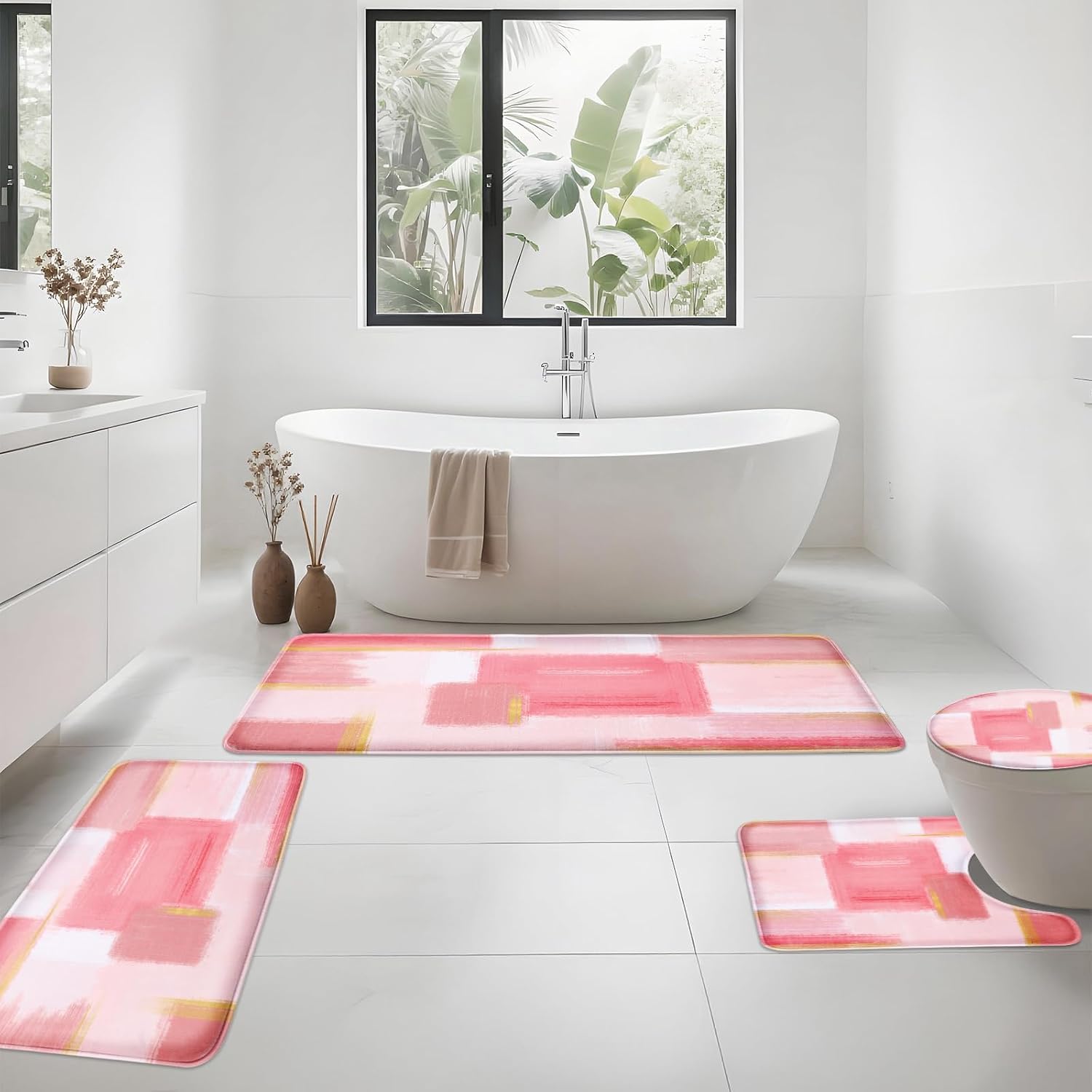 XLHOMO Pink Memory Foam Bathroom Rug Sets 5 Piece, Absorbent Non-Slip Bath Mat with Toilet Lid Cover for Bathroom, Extra Thick Water Absorbent Pink Bath Rugs for Tub, Toilet and Floor