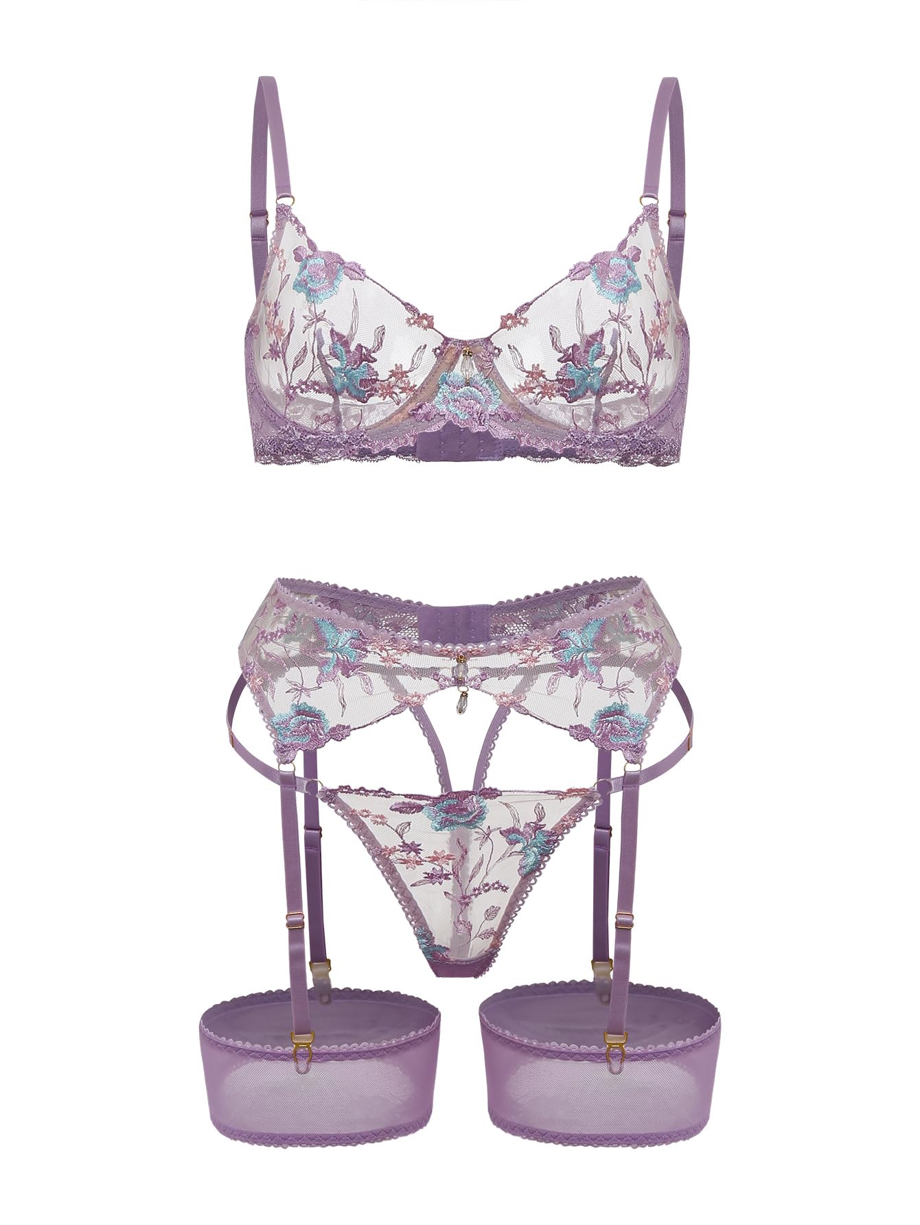 Lilosy Sexy Leaf Floral Embroidered Mesh Sheer Belt Women Underwire Push Up Lingerie Set See Through Bra Panty 3 Piece Bloom Lilac Purple Large