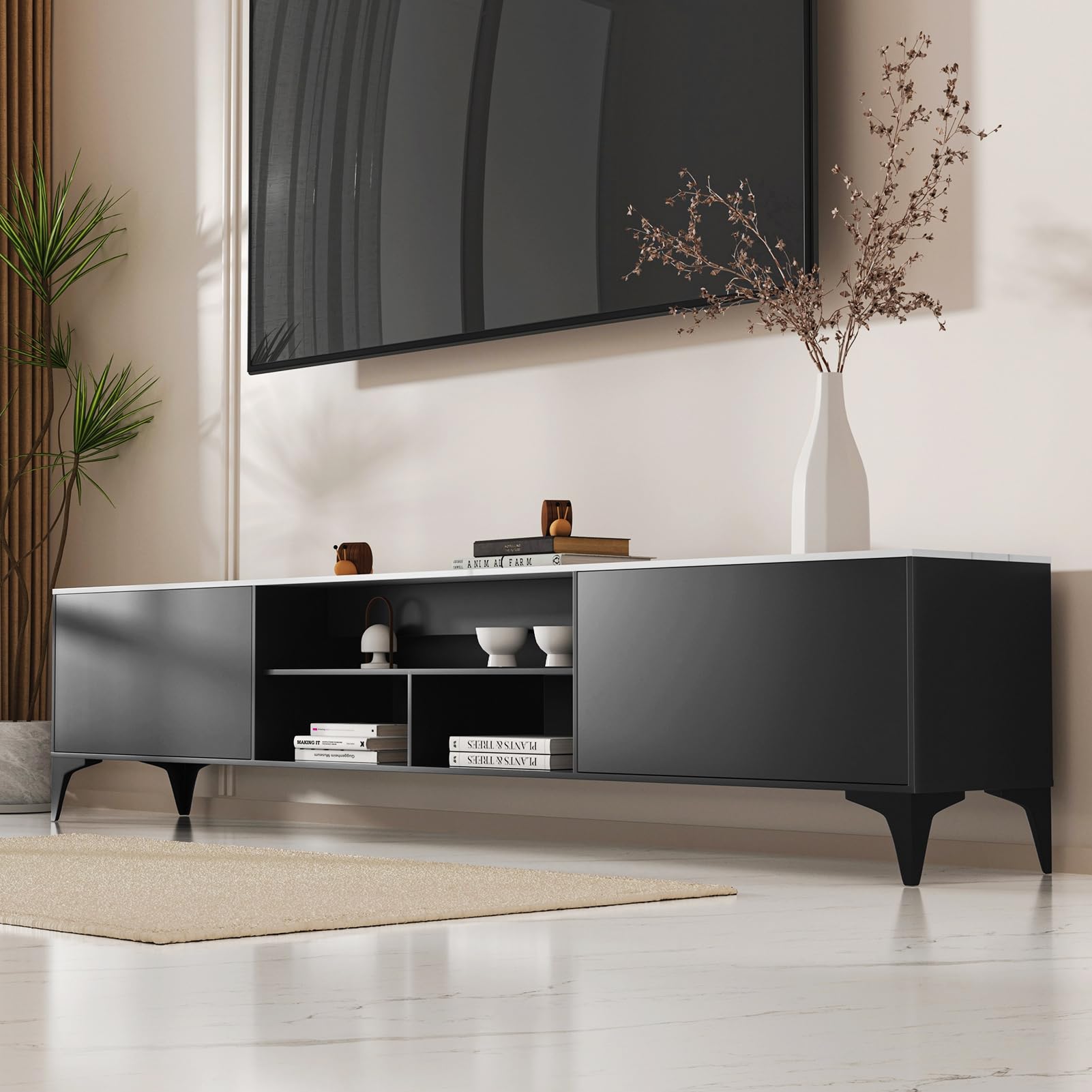 TV-Ständer, moderner TV-Ständer mit Stauraum für 60-75 Zoll Fernseher, Entertainment Center mit 2 Schubladen und offenen Regalen, TV-Konsole für Wohnzimmer, Schlafzimmer, Media-Einheit mit