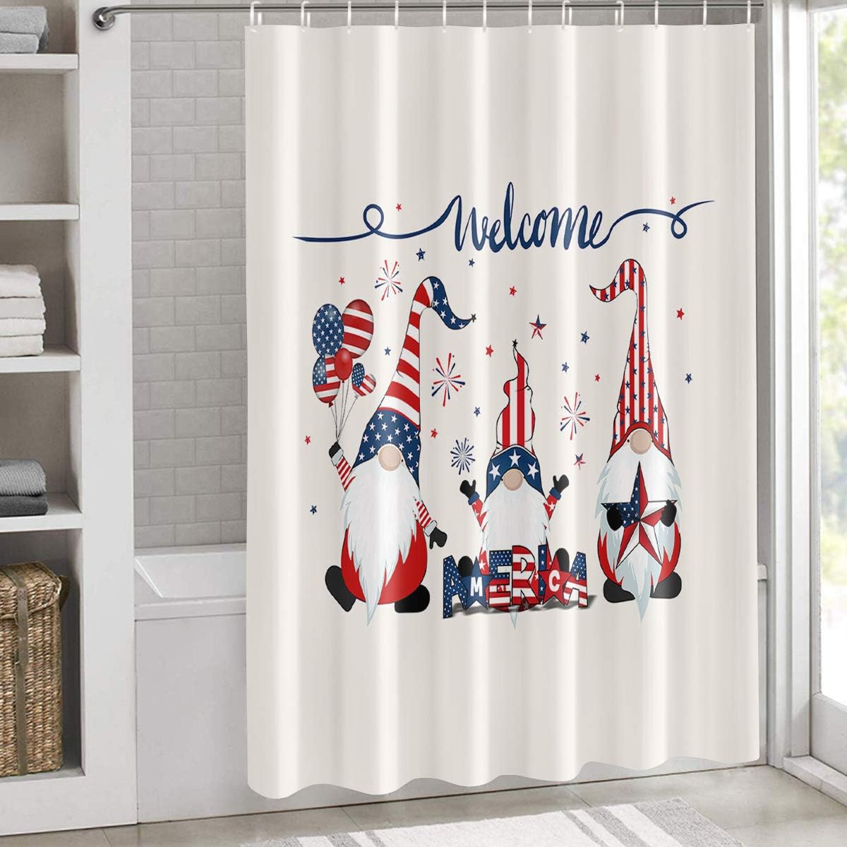 Shower Curtain for Bathroom Sets Memorial Day 4th of July Home Decoration Durable Fabric Machine Washable Curtains with Hooks, Cute Gnomes with Balloon Fireworks