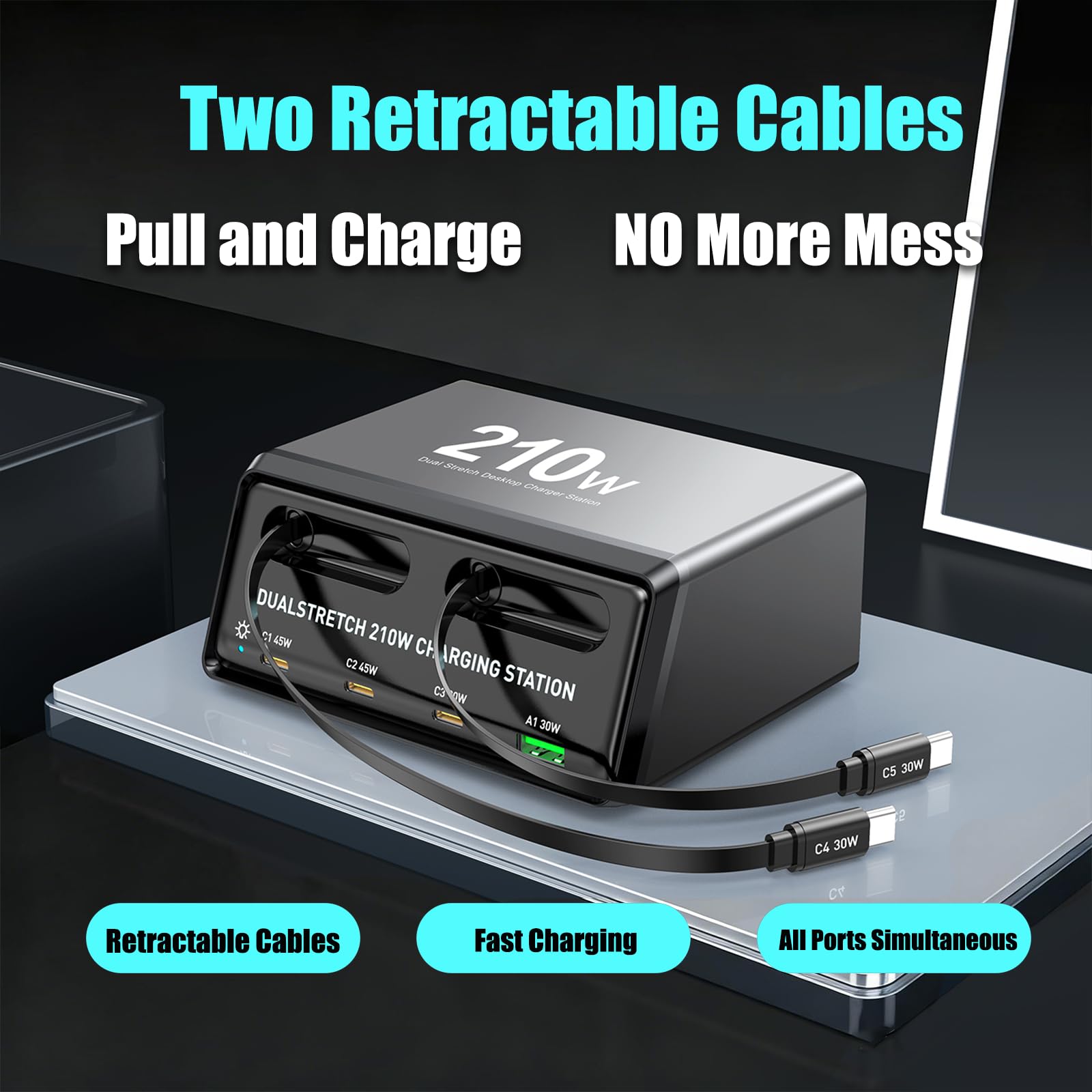 Chargeur GaN 210W, avec 2 câbles rétractables, station de charge USB-C à 6 ports (5C 1A), double port 45W pour MacBook et ordinateur portable, charge rapide pour voyage, compatible avec iPhone, iPad