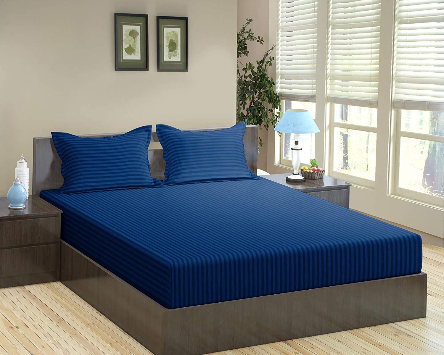 Trance Home Linen 100% Cotton 75x60 inch 200TC Satin Stripe Elastic Fitted Bedsheet | Daily Use Double Bed Fitted Bedspread with 2 Pillow Covers (75"x60"| 6.25x5 feet, Dark Blue) (B09Z6JDD5D) Amazon Price History, Amazon Price Tracker