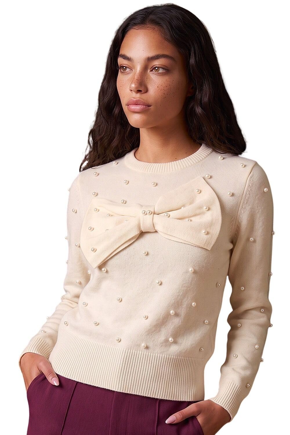 Dusk Fashion Pearl Bow Knit Jumper for Women UK - Ladies Everyday Autumn Winter Round Neckline Comfy Soft Evening Vacation Work Party Night Out