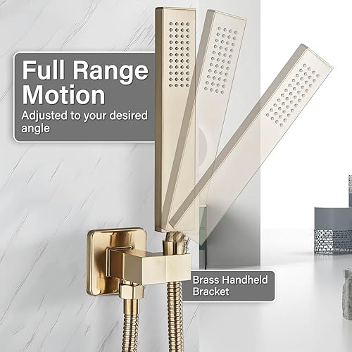 Miniatura 4 de Juego de grifo de ducha con sistema de ducha de lluvia de 10 pulgadas y rociador de mano, accesorios de ducha de baño dorado cepillado con válvula