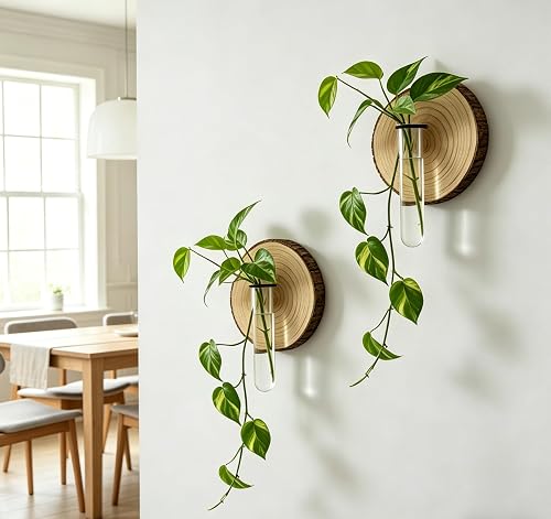 Wall Planter Propagation Station Vase- 2 Pack Wood Test Tube Hanging Planter for Hydroponics Plants, Wall Decor Gift for Bathroom, Living Room, Rustic Art for Home, Suitable for Plant Enthusiasts