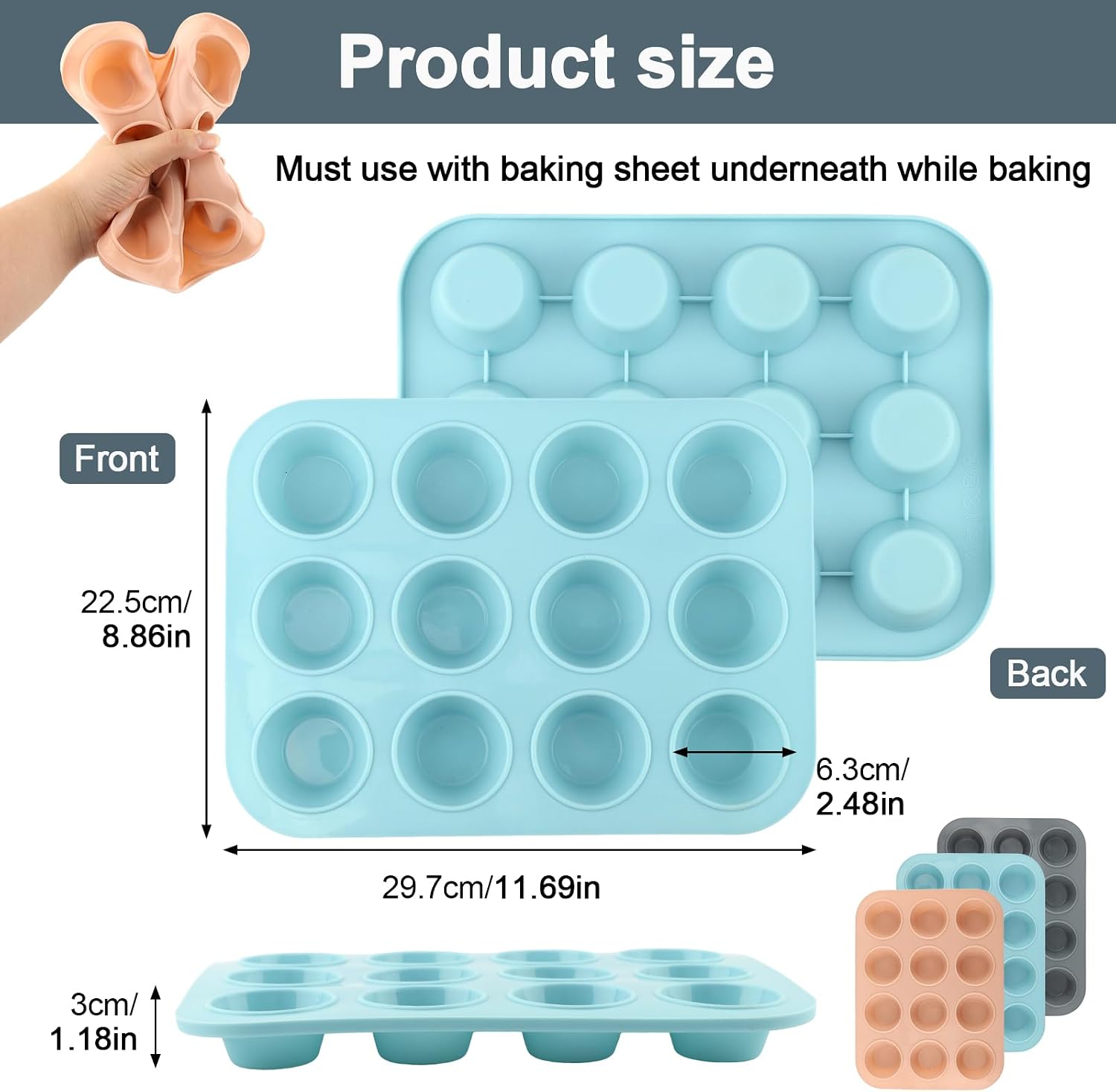 3‑Pack 12‑Cup Mini Silicone Muffin Pan, Non‑Stick Mini Cupcake Baking Mold