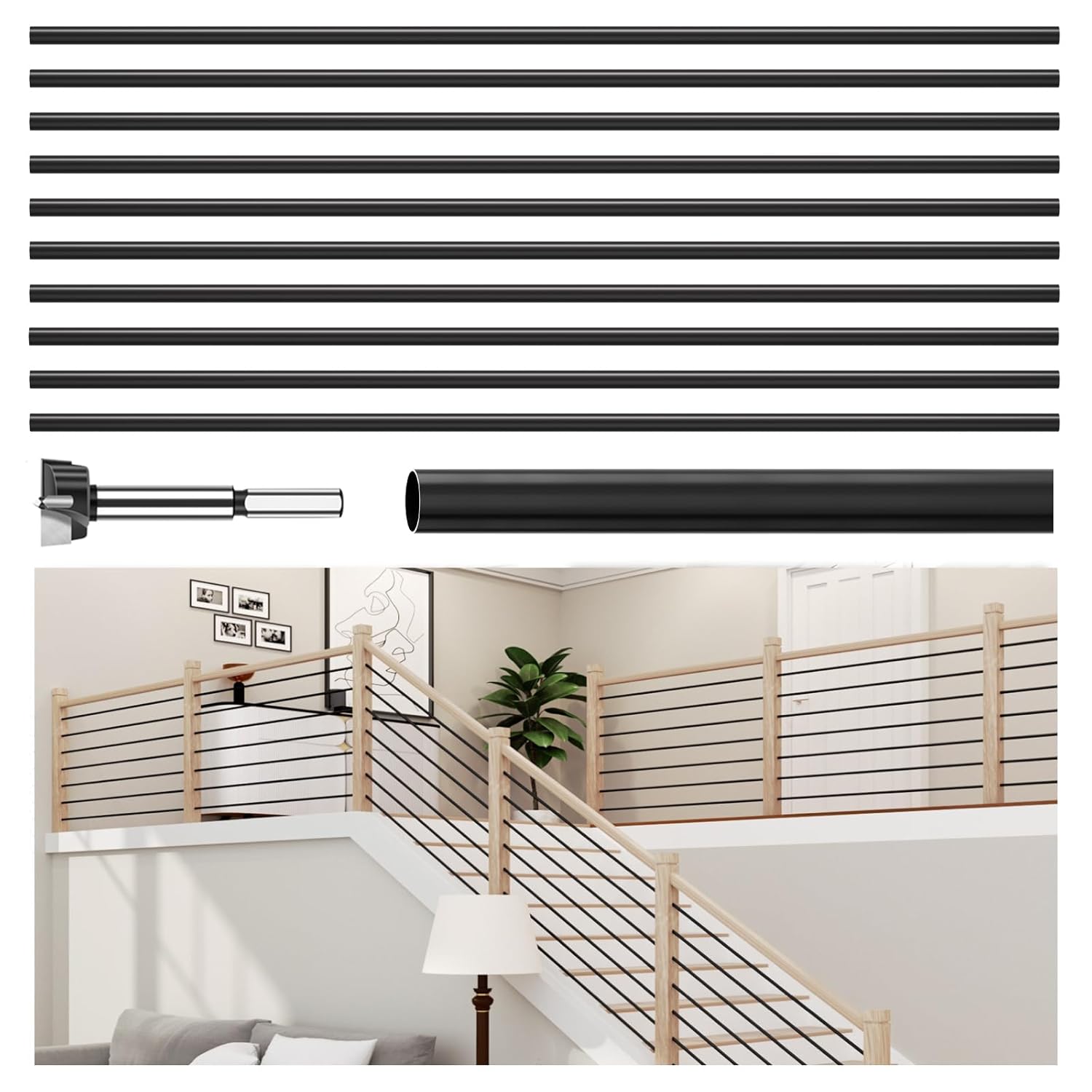 7 Pack 6 FT x 35/64 inch Iron Stair Balusters with 14mm Wood Drill Bit, Matte Black Hollow Horizontal Interior Baluster, Stair Railing Spindles for Indoor Staircase