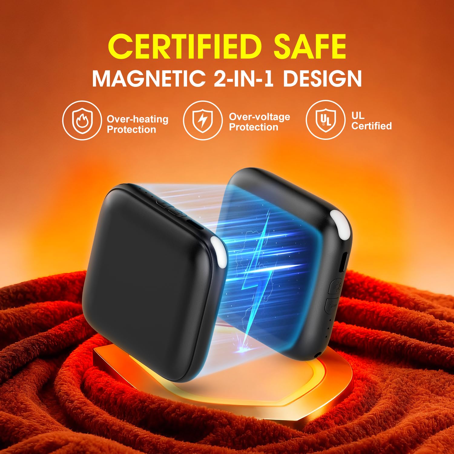 Hand Warmers Rechargeable 2 Pack - 6000mAh 3-Temp Fast Heating Electric Hand Warmers with LED Light, UL Certified Portable Pocket Heater, Hunting Essentials, Gifts for Christmas Men Women Teens(Black)