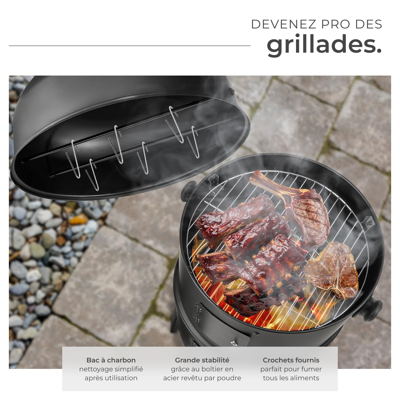 tectake® Barbecue Grill XL BBQ à Charbon Smoker Fumoir Viande et Poisson 3 en 1, 3 étages avec Roues et Thermomètre intégré pour Cuisine à la vapeur Cuisine extérieure