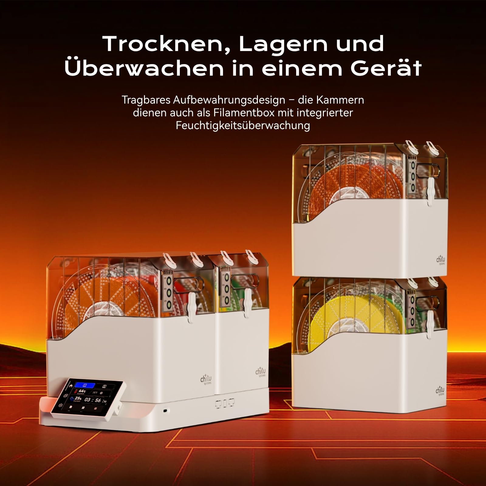 Chitu Systems FilaPartner E1 Filament Trockner – 4 Rollen mit 2 unabhängig temperaturgesteuerten Kammern, 10% energiesparender, kompatibel mit AMS Lite, Trockenbox für PLA/ABS/TPU/PETG