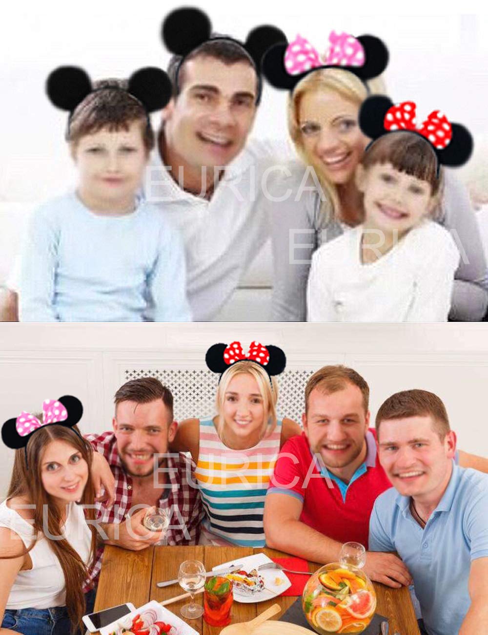 Mouse Ears Headband EUICAE Adult Headband Mouse Costume Solid Back Red Pink Bow for Girls Boys Birthday Party Theme Park Costume Play Celebration Pack of 12 (Black & Red & Pink)