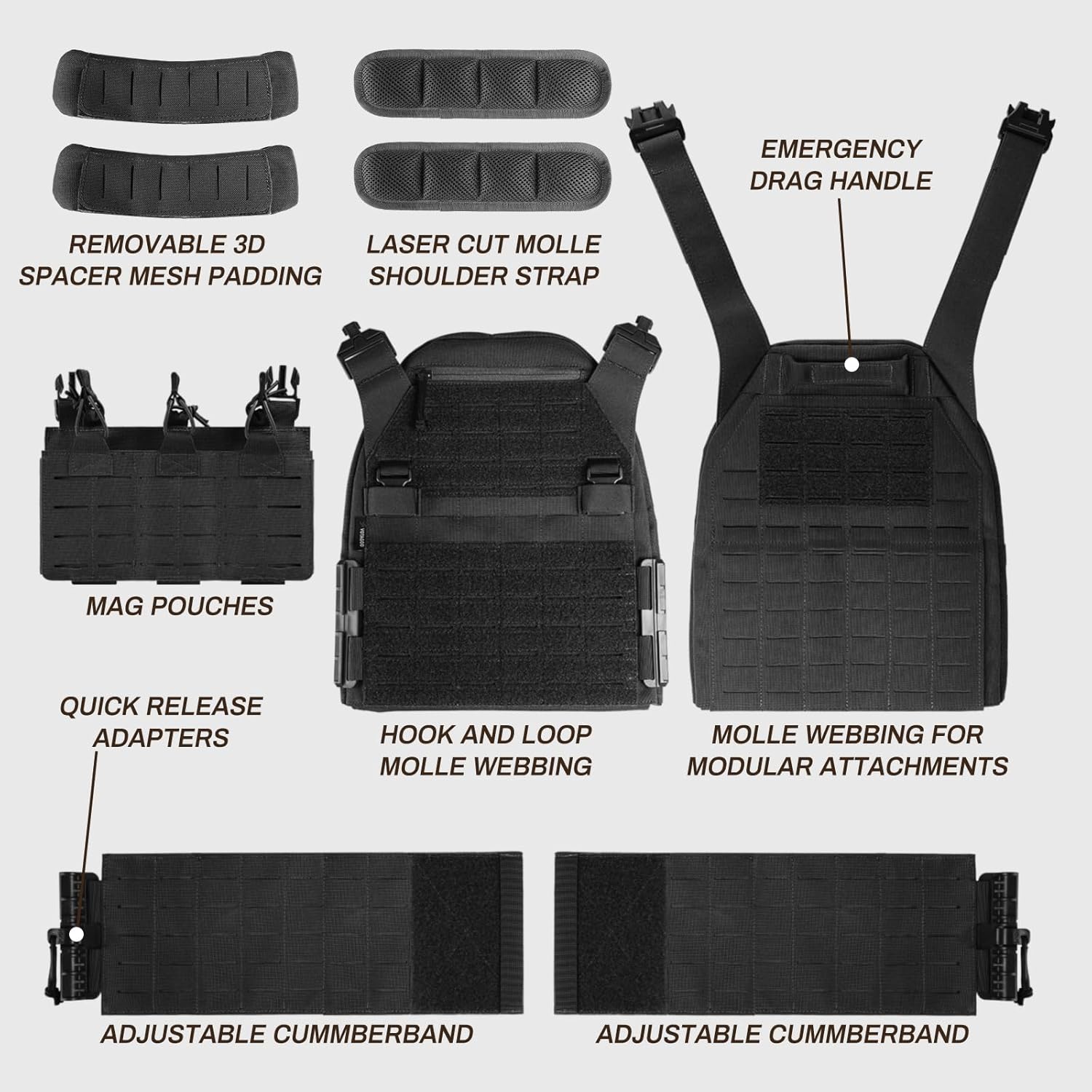 Tactical Vest Plate Carrier Military Airsoft Combat Training Gear Lightweight Quick Release Molle System