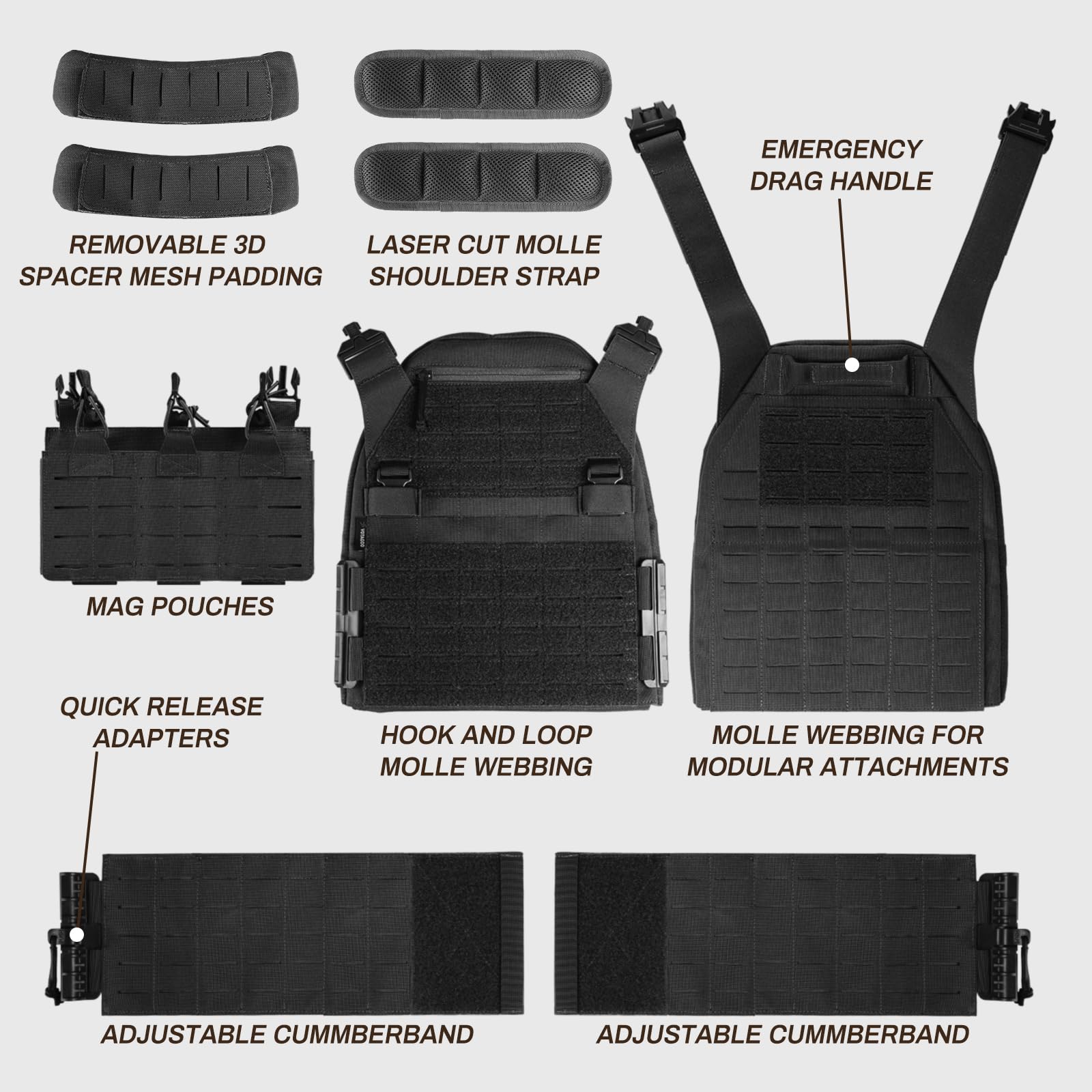 VOTAGOO Gilet tattico da uomo, gilet militare, gilet per paintball, traspirante, plate carrier paintball