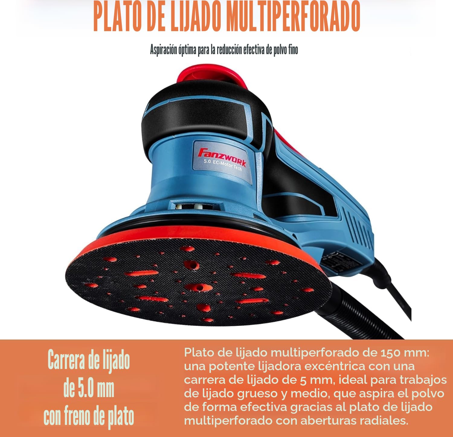 FANZWORK Lijadora rotorbital EZ150A, 350W, órbita de 5 mm, disco de 150 mm, 7 velocidades, freno de disco, 15 lijas, disco de repuesto y maletín de transporte.
