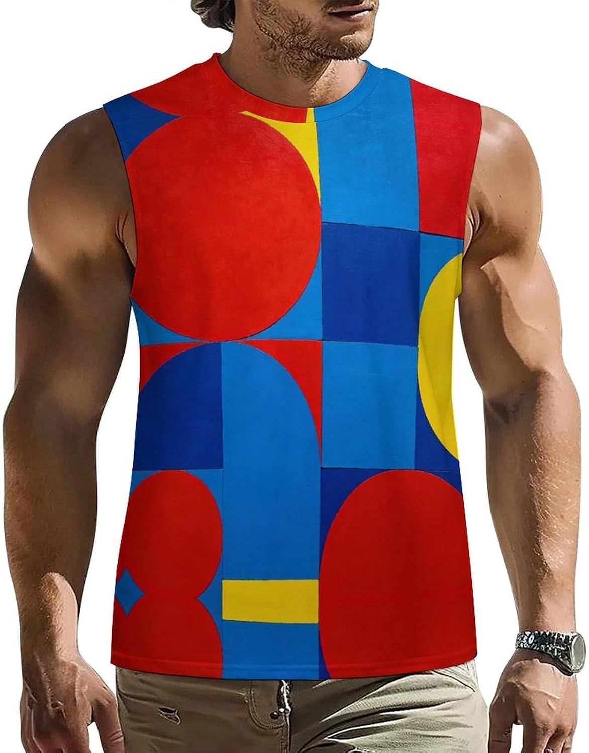 Color Block Stylemen's Sleeveless Crew Neck Knit Top, Soft Faux Cotton Everyday Casual Basic Blouse