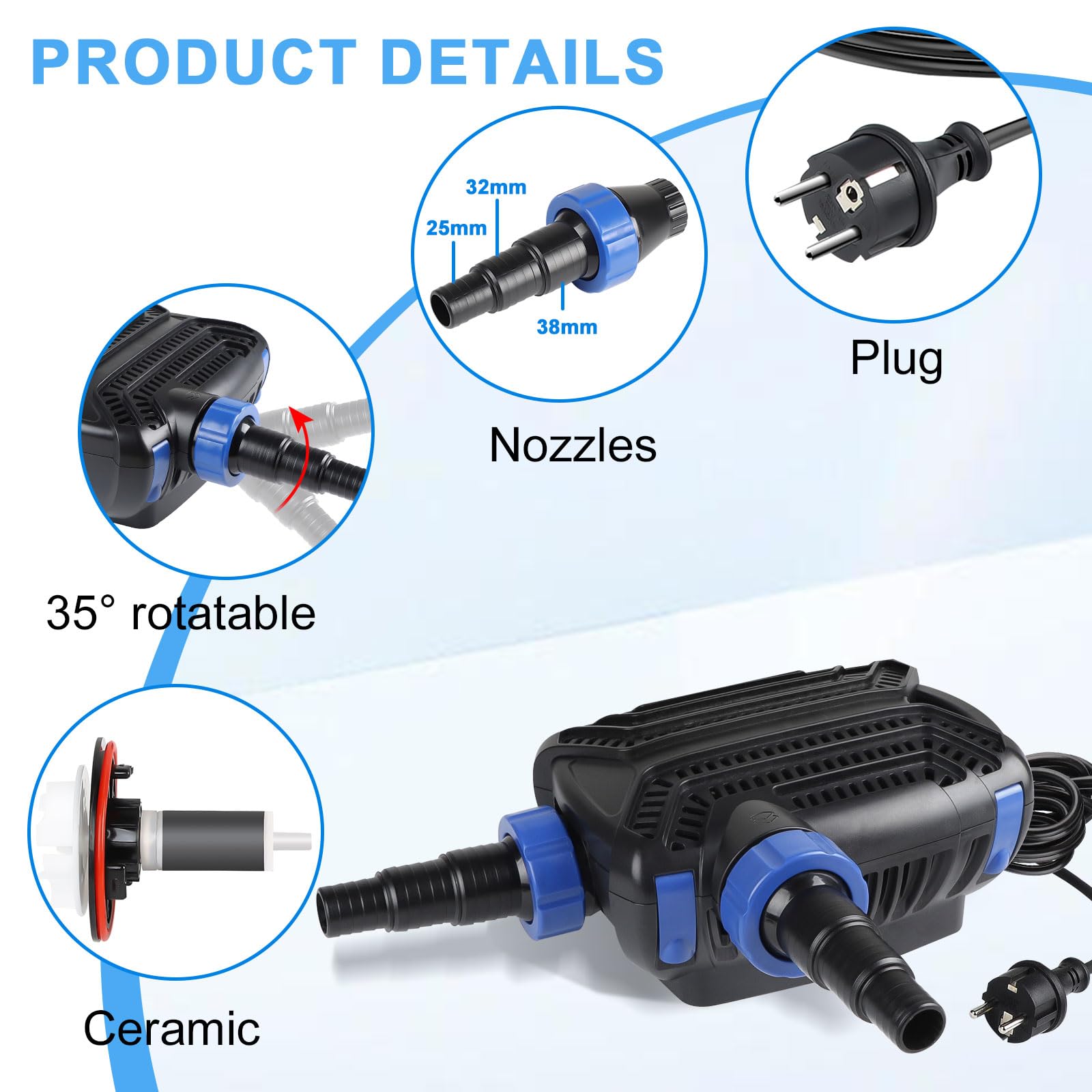 EXLECO Eco Teichpumpe Filterpumpe 40W max. 6000L/H Teichfilter Energiesparende Bachlaufpumpe für Gartenteich Teich Pumpe mit filter Kabellänge 10M Umwälzpumpe für Außen Wasserfall Bachlauf Koiteiche