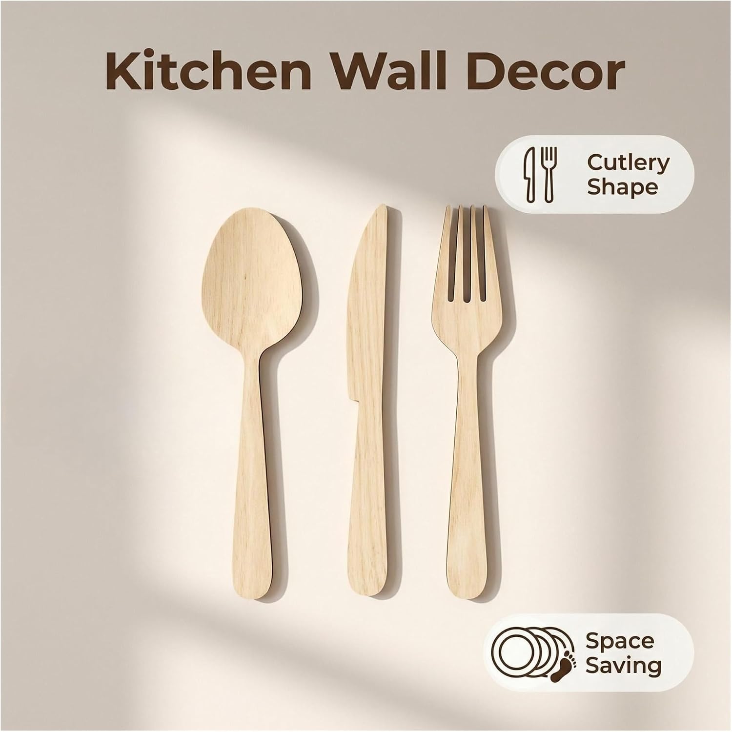 2set for Dining Room Kitchen Wall Decoration，Wooden Kitchen Utensils Wall Sign Large Maple Grain Rustic Farmhouse Decor with Fork Spoon Knife Set