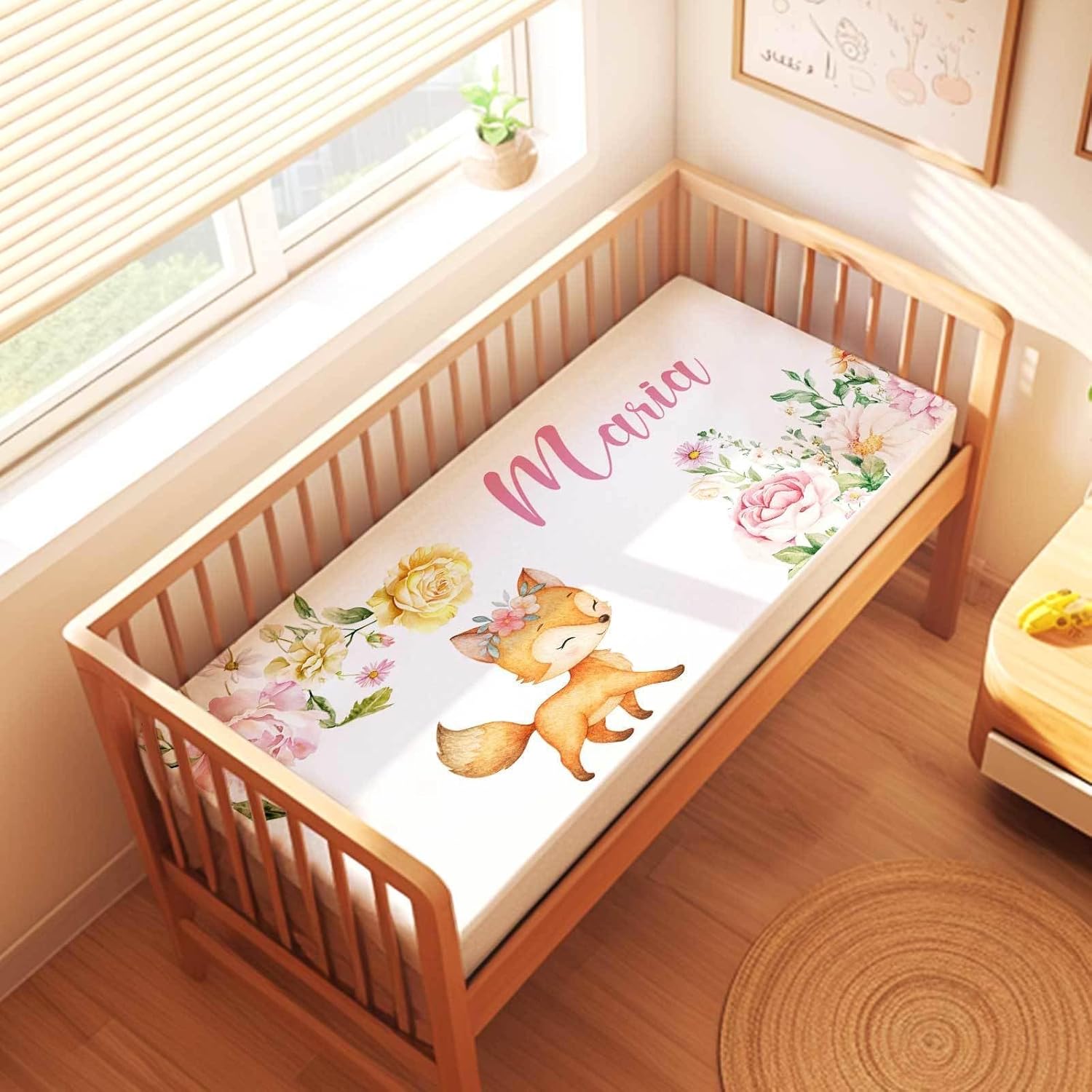Custom Baby Bedding Fox – Personalized Fitted Crib Sheet for Girls, Soft Nursery Mattress Cover for Newborn, Infant, Toddler Beds