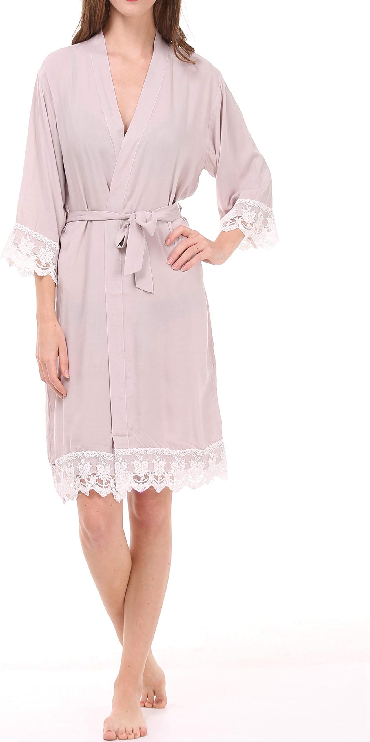 ALLINLOVER Women's Cotton Kimono Robe Soft Breathable for Bride and Bridesmaids with Lace Trim,Gray,Medium