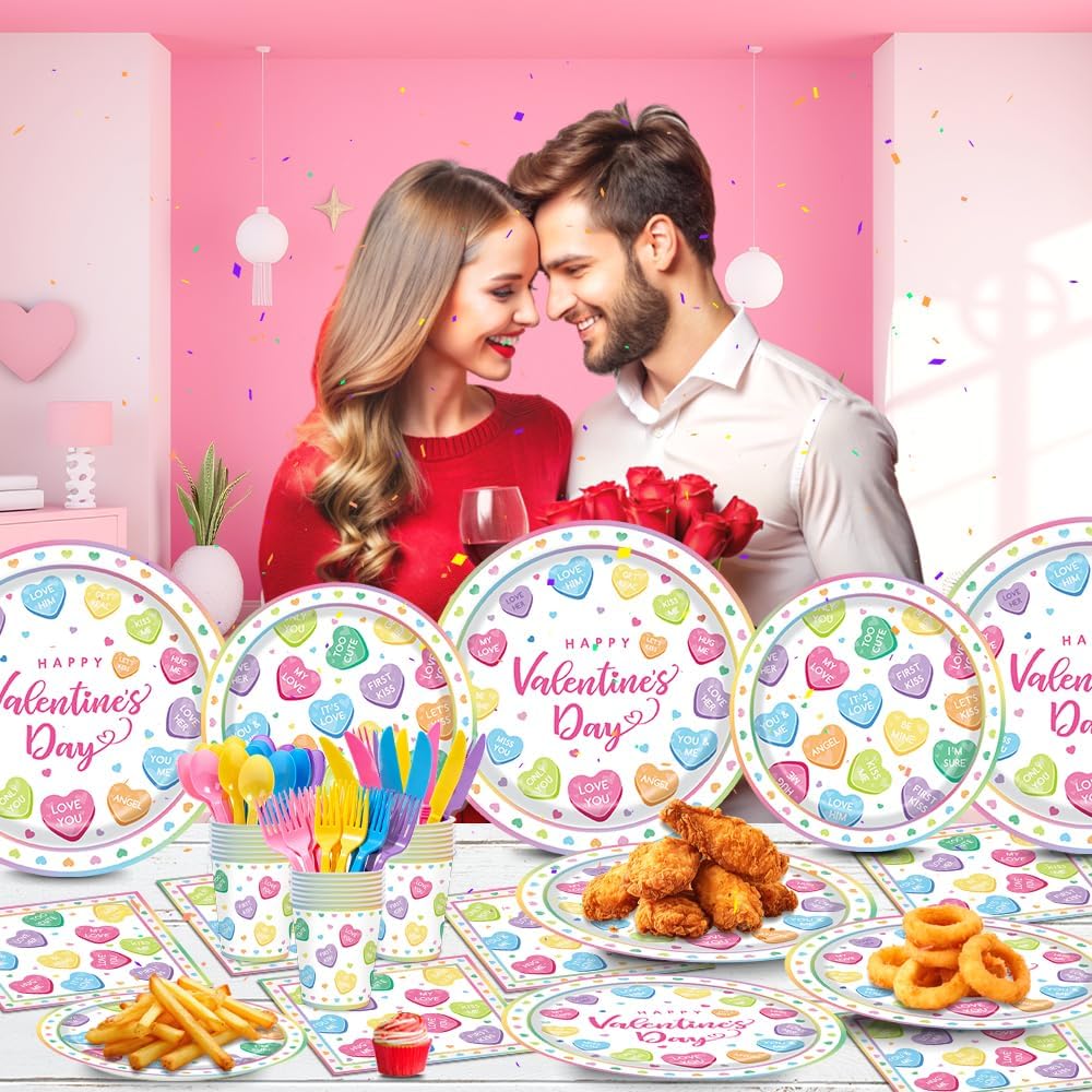 140Pcs Colorful Valentine's Day Party Decorations Tableware Conversation Heart Plates and Napkins Valentine's Day Party Supplies Heart Paper Plates for Couples Dates Wedding Party Decor,Serve 20 Guest - Image 5