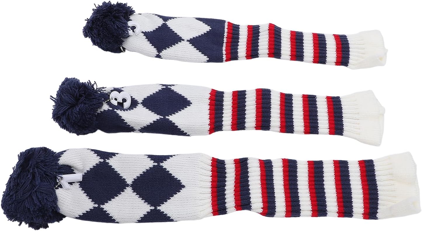 Knitted Golf Covers Set, 3Pcs Golf Cover Pattern Plush Ball Protective Scratch with Long Neck Golf Headcovers for Driver and Fairway Woods