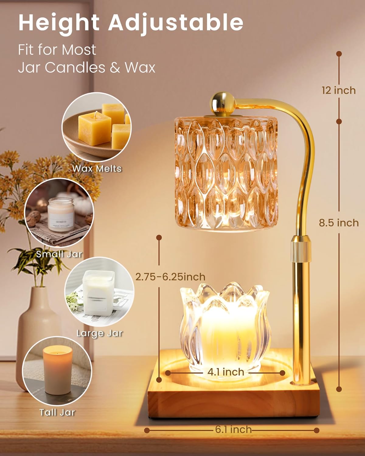 Candle Warmer Lamp Adjustable Height with Timer Dimmer, Dimmable Glass Wax Melt Warmer Light for Scented Jar, Present for Women Candle Lovers Christmas House Warming Home Decor Brithday, Amber - Image 5