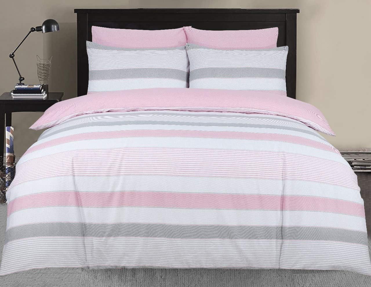 DTEX Homes Duvet Cover Set Easy Care Polly Cotton Bed Sheets Queen Soft and Durable Queen Size Sheets Reversible Modern Printed Queen Duvet Covers Stripes Pink - Queen/Full