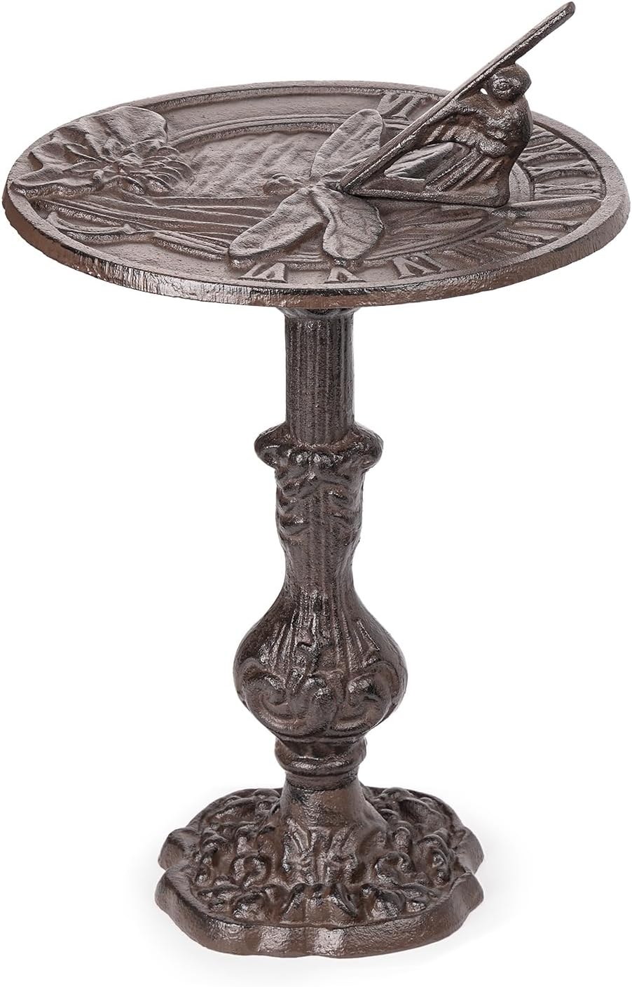 Sungmor Cast Iron Dragonfly Sundial,10.4 Inch Dia Vintage Sundial Dragonfly & Lotus Decor,Vintage Brown Finish,Outdoor Decorative Clock,Freestanding Garden Ornament