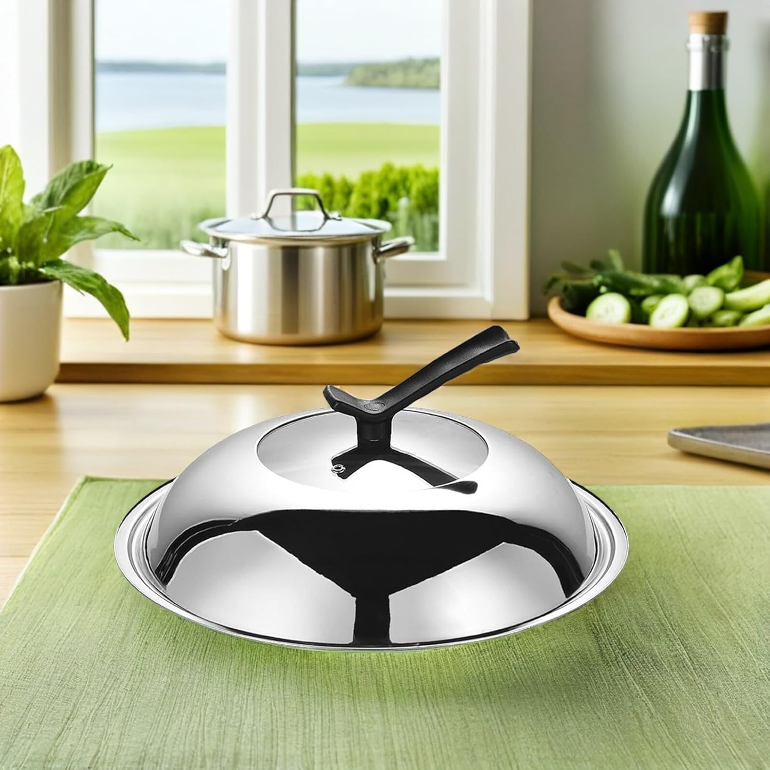 BESTonZON 13 Inch Visual Wok Lid Stainless Steel Dome Cover with Tempered Glass Spill-Resistant Standable Pan Lid for Frying Pans and Skillets - Image 6