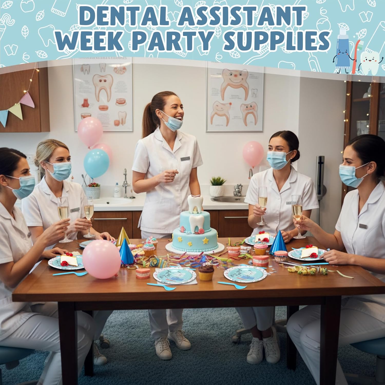 250 Pcs Happy Adult Dental Assistant Week Party Supplies Tooth Paper Plates Napkin Disposable Dinnerware Dentist Appreciation Party Decorations for Dental Hygienist Doctor Nurse Serves 50