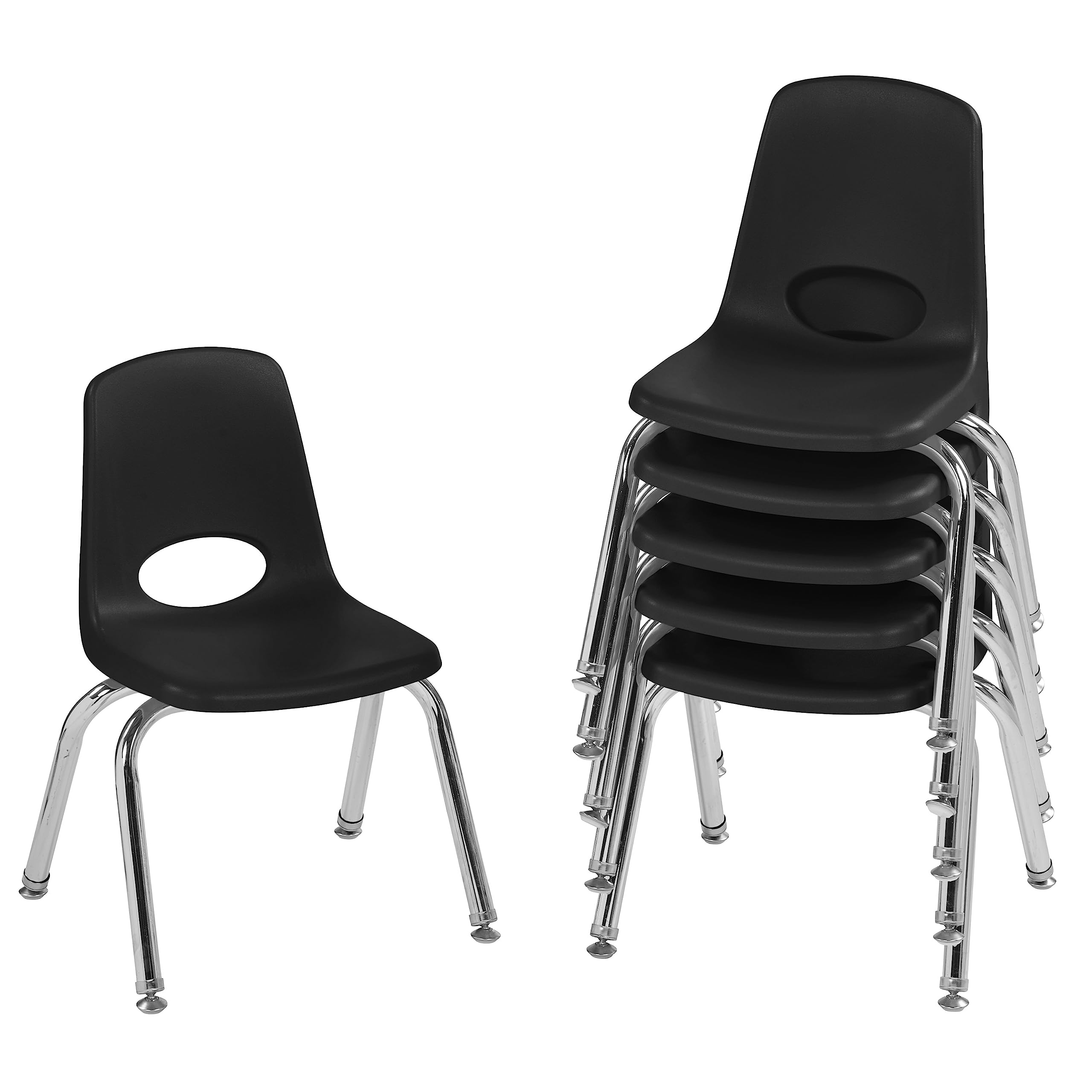 FDP 12" School Stack Chair, Stacking Student Seat with Chromed Steel Legs and Nylon Swivel Glides; For In-Home Learning or Classroom - Black (6-Pack), 10360-BK