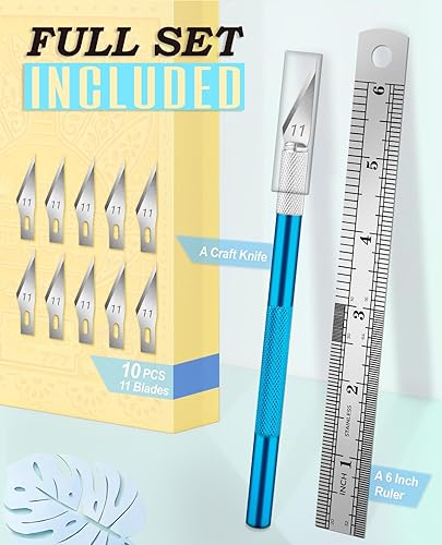 Vista 2 de DIYSELF 1 cuchillo de manualidades con kit de 11 cuchillas de acero inoxidable, 1 regla de acero de 0.59 pulgadas para arte, álbumes de recortes