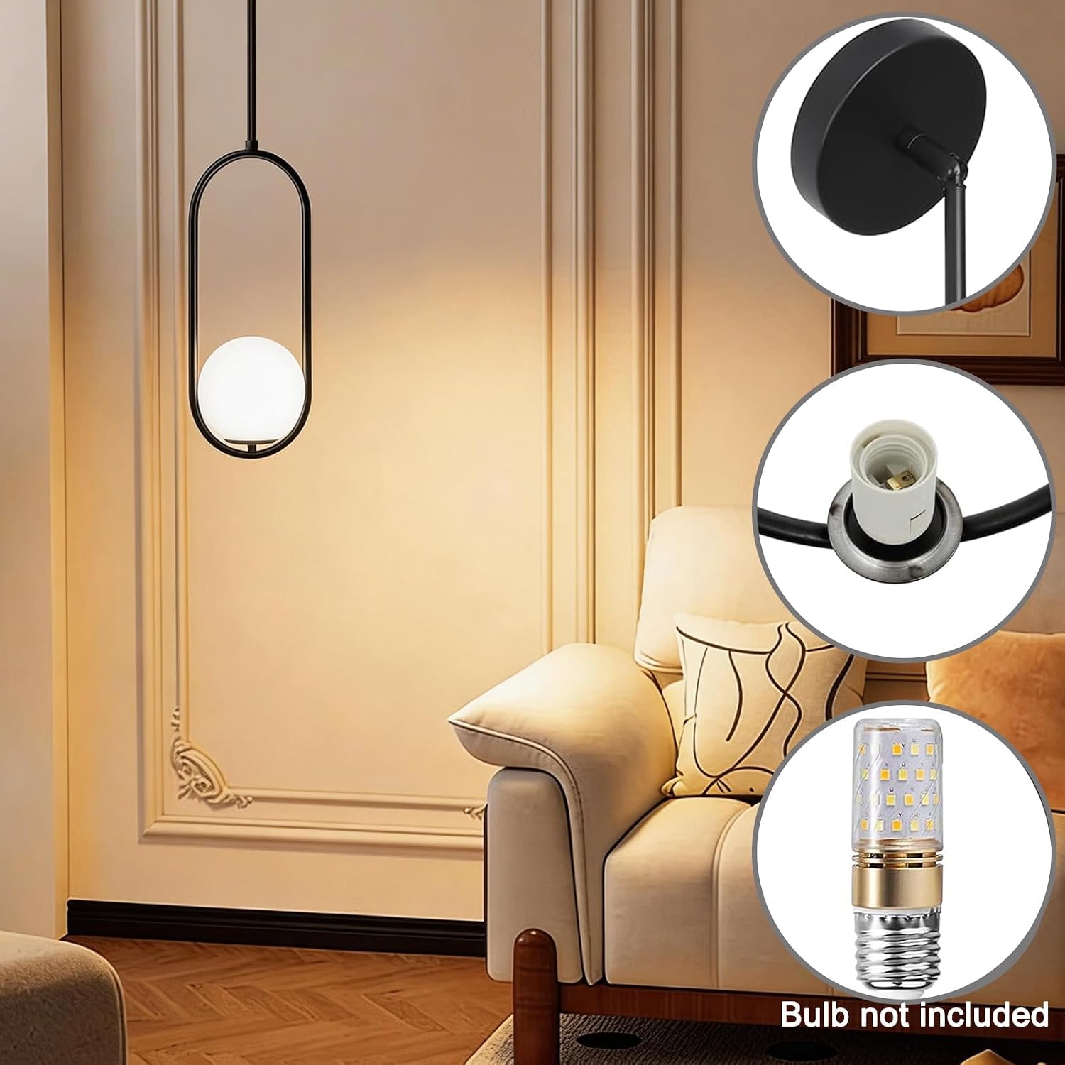 Modern Pendant Light with Opal Glass Globe, Milk Glass Globe Pendant Light for Kitchen Island, Adjustable Height Hardwired Ceiling Fixture for Dining Room, Bedroom, Hallway (2Pack, Black)